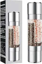 H HOME-MART Salt & Pepper Mill Set - 2 in 1 Stainless Steel Grinders with Ceramic Mechanism for Himalayan, Rock Salt & Pepper, No Clog Design, Brushed Finish