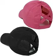 [domoi] 2Pcs Women Criss Ponytail Baseball Cap High Messy Bun Ponycap Quick Drying Mesh Outdoor Travel Hat,Pink+Black
