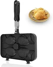 Taiyaki Fish Shape Cake Pan, Non Stick Waffle Cake Maker Pan, Double Sided Cake Pan Bread Waffle Maker with Long Handle and 4 Grids for Home DIY Cooking Party