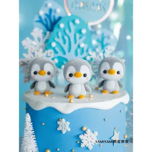 🍭Party🍭蛋糕裝飾🍡烘焙蛋糕裝飾冬日冰雪藍色白圓球毛氈樹插件可愛植絨企鵝玩偶擺件
