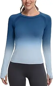 [MathCat] Long Sleeve Workout Tops for Women, Gradient Running Athletic Shirts, Seamless Breathable Tops with Thumb Holes