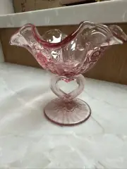 FENTON ART GLASS ROSE PINK HEART PEDESTAL COMPOTE CANDY DISH