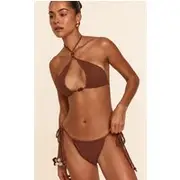 Mocha Crochet Bead Trim String Tie Side Bikini Bottoms, Mocha
