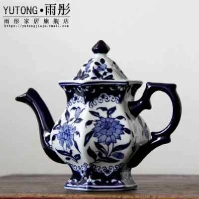 8.46" Ceramic Blue and White Porcelain Rhombus Coffee Pot Teapot Handy Pot Gift