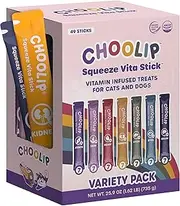 Choolip Squeeze Vita Stick Licking Treats for Dogs and Cats - 49 Assorted Support Bars with Essential Multivitamins - Soft and Tasty Paste for All Life Stages