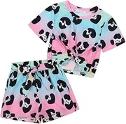 [GERU] Girl's Summer Short Sets Cute Clothes 2 Piece Outfit Twist Front Crop Tops Tie Front Shorts 4-12Y