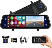 Rear View Mirror Camera with Carplay&Android Auto,9.66" 1080P Mirror Dash Cam Front and Rear with Voice Control,Night Vision,Parking Monitoring,Reverse Assist Free 64GB Card for Cars&Trucks