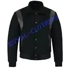 Varsity premium Letterman Bomber Baseball Jacket Black Wool Black Leather Stripe