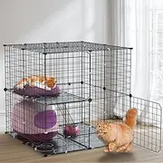 Large 2 Tier Cat Cage, Indoor Cat Enclosures Pliable DIY Cat Playpen, Detachable Metal Wire Kennels Cat Crate House Box with 2 Doors & Ramp Ladder for 1-2 Cats, 28" L x 28" W x 28" H, Black