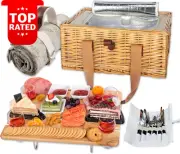 Wicker Picnic Basket Set for 4 with Insulated Cooler Bag & Folding Wine Table