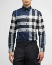 Authentic NEW BURBERRY Men Blue / White SOMERVILLE Check Button Up Dress Shirt S