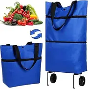 Foldable Shopping Trolley, Shopping Bag with Wheels, Oxford Cloth, Blue, Maximum Load Capacity 20 kg, Reusable Shopping Bags, Portable, for Home, Supermarket