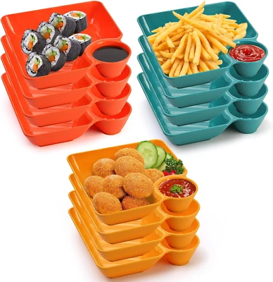 12pcs Chip Dip Serving Platter Set, Plastic Dumpling Plates w/ Sauce Compartment