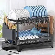 2-Tier Dish Drying Rack with 360° Rotating Drainer Board, Large Capacity Dish Drainer with Cutlery Utensil Rack & Holders for Kitchen Storage & Organisation