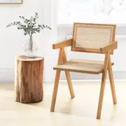 Rattan Dining Chair with Wicker Backrest Cane Kitchen Armchair with Sturdy Bamboo Frame