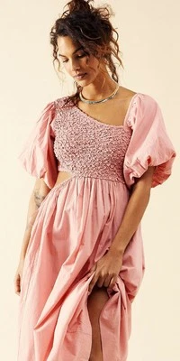 NEW FREE PEOPLE KALINA SMOCKED CUT OUT MIDI DRESS S