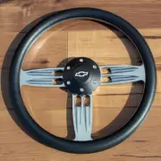 14" Inch Polished Chevy Steering Wheel with Black Grip and Horn Button - 6 Hole