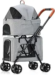 Double Cat Dog Pram Pet Stroller, Pet Gear 4 Wheel Pet Stroller Pushchair Lightweight Pet Strollers for Dogs and Cats, Great for Twin Or Multiple, Breathable Travel Carrier, Gray