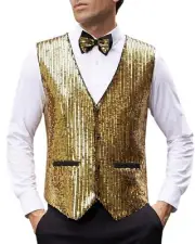 Mens Sequin Vest Slim Fit Shiny Dress Waistcoat Bowtie Set for X-Large Gold