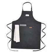 Kitchen Apron Thickened Canvas Cotton Aprons with 4 Pockets for Men Women Black