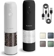 Electric Salt and Pepper Grinder Set, USB Rechargeable, Automatic Salt and Pepper Mill with Adjustable Coarseness, Electric Pepper Shakers, LED Light, Refillable (2 Packs, Black&White)