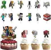 16PCS Mine Video Game Pixel Themed Cupcake Toppers Birthday Party Cake Topper, Craft Cake Toppers for Kids Boy Birthday Decorations Supplies