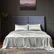 Royal Comfort Sheet Set Satin Polyester, Ultra Soft, Breathable, Silky Smooth, 1 x Fitted Sheet, 1 x Flat Sheet, 2 x Pillowcases(4 Pcs, King, Silver)