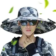 [ZALHIN] Outdoor Wide Brim Sun Hat with Solar Fan - Sun Hat with Fan - Wide Brim Solar Fan Hat, Adjustable Men's Sun Hats for Fishing