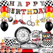Race Car Birthday Decorations, 87 Pcs Race Car Birthday Party Decorations&Race Car Birthday Party Tableware Set - Race Car Birthday Plates Napkins Balloons Hanging Swirl etc Racing Car Party Supplies