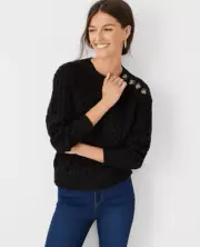 NWT Ann Taylor Mixed Cable Shoulder Button Cable Knit Sweater Black Size Small