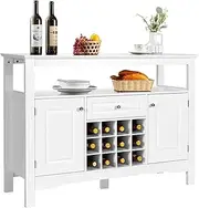 [Giantex] Wood Wine Cabinet, Sideboard Table with Drawer and Cupboards, Wine Bar Console Table, Display Bar Cabinet with Storage Rack for 12 Bottles, Open Top Shelf, Sideboard Buffet (White)