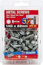 Zenith Class 3 Hex Washer Head No Seal Hex Drive Metal Screw, 14 G x 22 (Pack of 50)