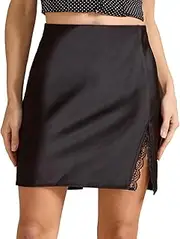 [RSBFK] Women's Casual Elastic High Waisted Satin Lace Trim Short Skirt Split Hem Mini Skirt, Black, L