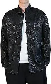 [Generic] Spring and Summer Tang Suit, Chinese Style Men Retro Buttoned Jacquard Design Casual Shirt Men Comfortable and Breathable