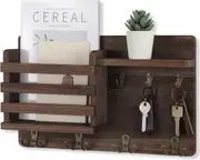 Farmhouse Wall Mail Holder with Key Hooks and Floating Shelf - Natural Wood (16.8x10x3.2)