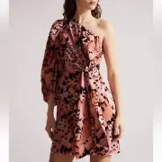 NWT Ted Baker LARAE Linen One Shoulder Puff Sleeve Mini Dress Ted Size 1/ XS