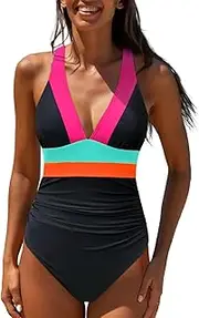 [popvil] One Piece Swimsuit Women 2025 Neon Color Block Bathing Suit High Waisted Deep Vneck Tie Back Swim Suits Beach Summer