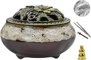 MrMrKura Ceramic Incense Burner with Lid, Incense Holder for Sticks Incense Cone Holder with Brass Incense Stick Holder for Yoga Meditation Home Decor (Fambe Grey)