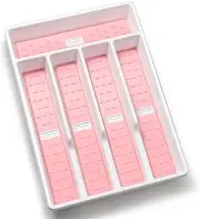 Joequality Silverware Organizer with Icons，Plastic Cutlery silverware Tray for Drawer，Utensil Flatware Tableware Organizer for Kitchen with Non-slip TPR,Fits Standard Drawer,5-Compartment,Pink