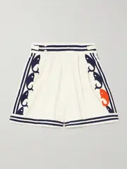 [ALÉMAIS] ALÉMAIS - Marine Pleated Striped Embroidered Organic Cotton Shorts - Cream - UK 16 UK 16 Cream