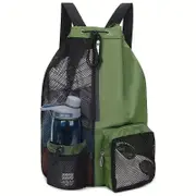 Green Mesh Drawstring Backpack Lightweight Sports And Beach Bag With Pockets Bags