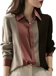 [Generic] Women Fashion Patchwork Striped Chiffon Shirt Spring Office Ladies Casual Lapel Long Sleeve Button Blouses