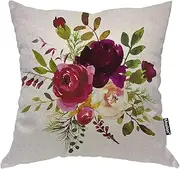 Moslion Floral Pillows Watercolor Boho Burgundy Red White Rose Flower Green Leaf Throw Pillow Cover Decorative Pillow Case Square Cushion Accent Cotton Linen Home 18x18 Inch