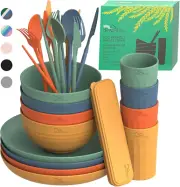 Wheat Straw Dinnerware Set for 4 - Camping Plates, Cups, and Bowls