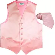 New men's formal tuxedo vest waistcoat & neck tie horizontal stripes light pink