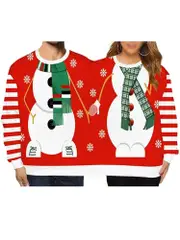 Two Person Ugly Christmas Sweater Women Men Conjoined Twin 3d Printed Couples Jumper Funny Hl1 Red White