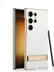 for Galaxy S25Ultra Mobile Phone Case Electroplated Plain Leather Shift Bracket Anti-Fall Protective Cover Suitable (for Galaxy S25Ultra/Elegant White)