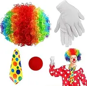 XMANX 4pcs Clown Costume Set: Rainbow Wig, Nose, Bow Tie, White Gloves for Halloween, Christmas, Carnival, Circus Cosplay Party - Men, Women, Adults