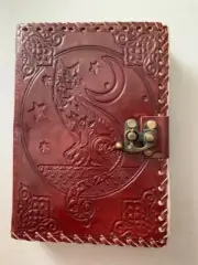 Cat, Moon, Stars Leather Journal 5x7 Embossed Leather Front/Back Metal Clasp NEW