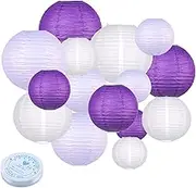 15pcs Paper Lanterns Lavender Purple White Round Hanging Chinese Paper Lanterns 4" 6" 8" 10" 12" for Bachelorette Engagement Wedding Baby Bridal Purple Birthday Decorations